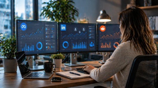 Person monitors data dashboards on three widescreen monitors in a bright office, with Meta, LinkedIn, and Reddit logos visible.