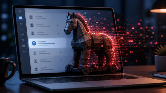 Laptop screen with a low-poly wooden knight emerging from a red digital data matrix, conveying a tech/AI theme.