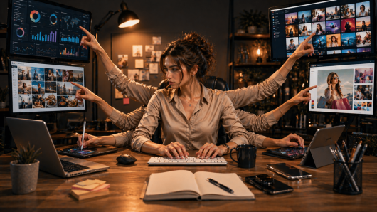 Woman multitasks at a multi-monitor desk, screens show charts and photo thumbnails as she points at them.