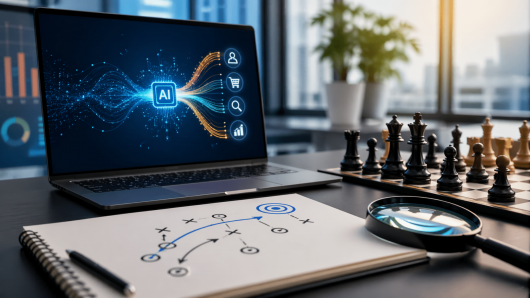 Laptop displaying AI concept with glowing data streams and icons on screen, beside a chessboard and a strategic diagram on a desk