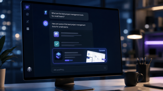Monitor shows a dark chat UI with rounded message bubbles in a dim, modern office setting.
