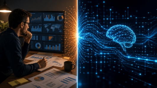 Man at a desk analyzes charts on a large monitor, while a glowing blue brain illustrates AI visualization on the right side.