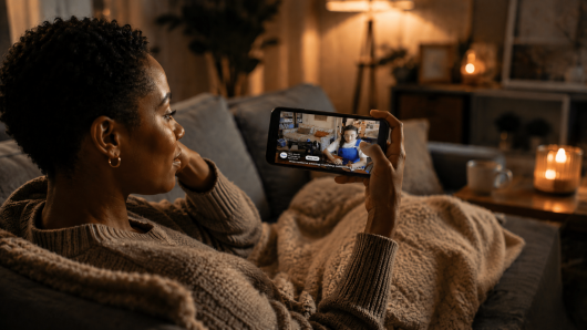 Woman relaxing on a cozy sofa, holding a smartphone showing a cooking video/demonstration.