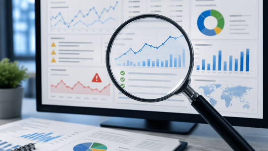 Magnifying glass over a monitor displaying a blue line chart and bar chart to highlight data trends in an analytics dashboard