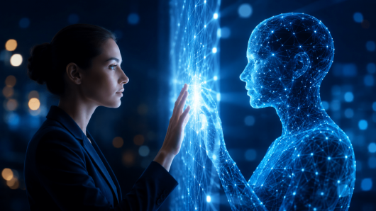 Businesswoman in a blazer touches a glowing blue holographic human made of network lines, illustrating human–AI interaction.