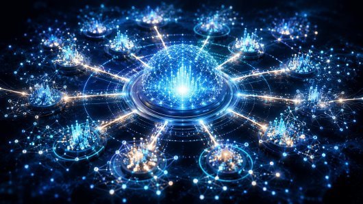 Central illuminated globe connected by bright lines to surrounding network nodes, symbolizing a global digital network.