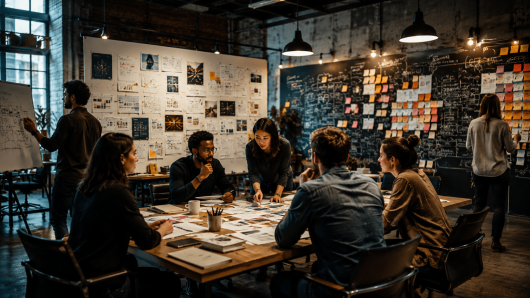 Diverse team of colleagues around a table covered with notes and photos, brainstorming in a modern coworking space.