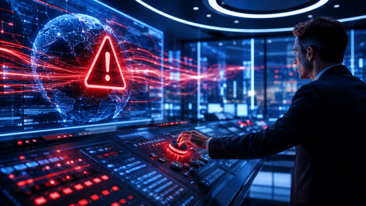 Professional in a suit operates a futuristic control panel, with a glowing red warning icon and holographic globe in the background.