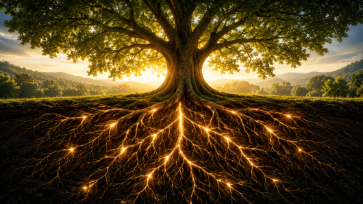 Tree with a glowing network of roots spreading across dark soil, backlit by a warm sunset.