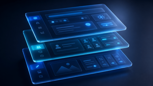 Three glowing blue holographic UI panels stacked in mid-air, showing icons and cards as a futuristic dashboard concept.