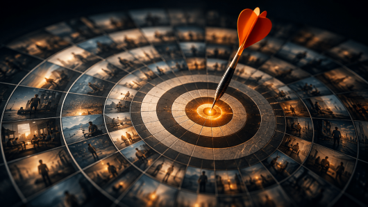 Circular photo mosaic forming a target with a glowing bullseye and a dart lodged in the center, illustrating precise targeting.