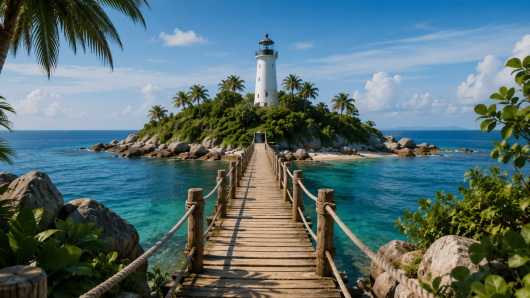 White lighthouse on a small, rocky island connected by a wooden rope bridge to the shore, with palm trees and blue sea under a clear sky.